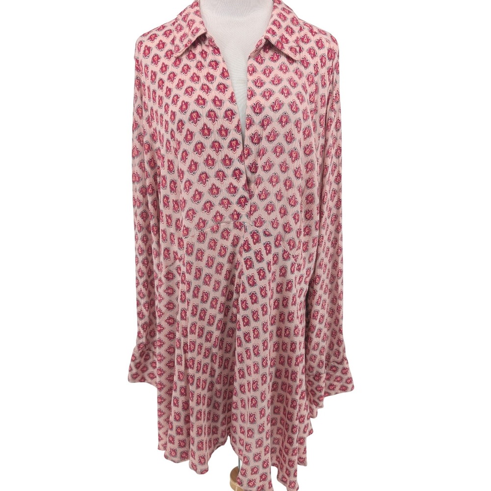 Avenue Tunic Dress Women 26W Pink Floral Medallion Long Sleeve Boho Cottage Chic